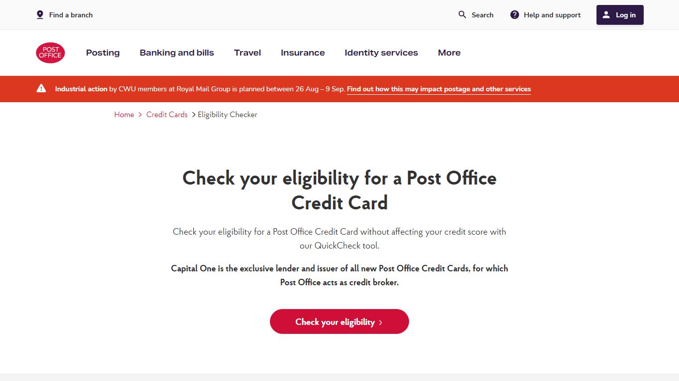 Eligibility Checker | Credit Cards | Post Office®